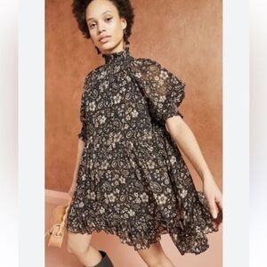 Ulla Johnson $575 Josie Smocked Mini Swing Puff Sleeve Dress Forest Green Small